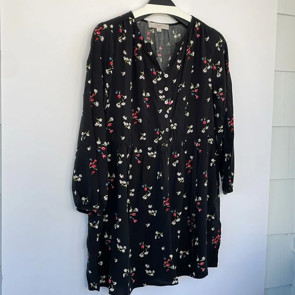 LOFT Black Casual Floral Side Tie Sundress Long Sleeves Medium Petite